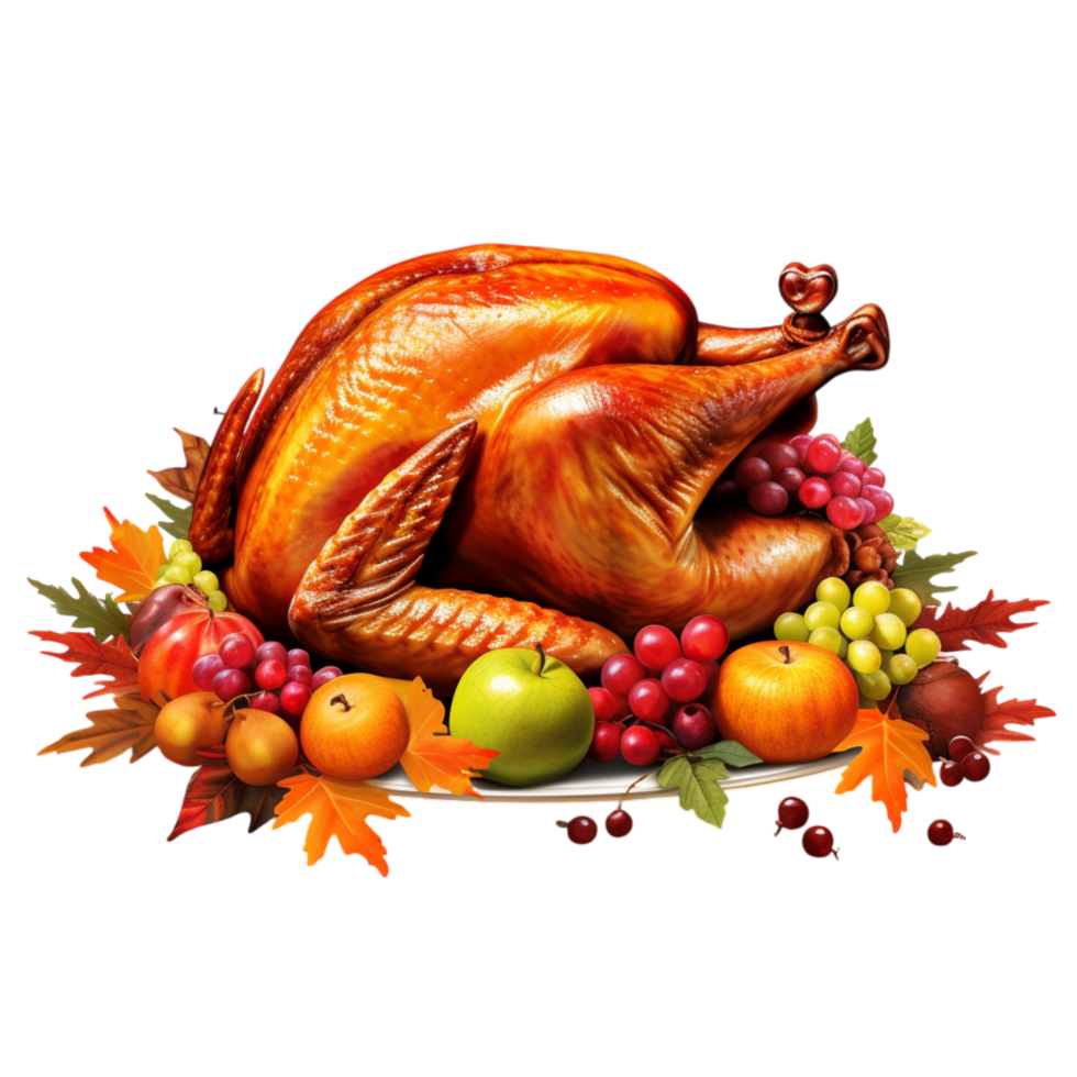 Roasted Thanksgiving turkey surrounded by fruits leaves png