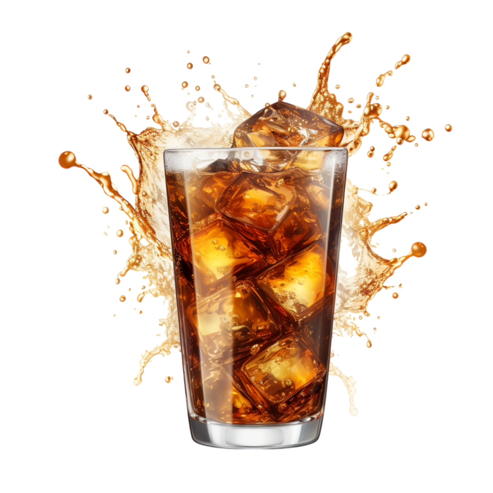 Reing glass of iced cola splashes floating ice cubes png