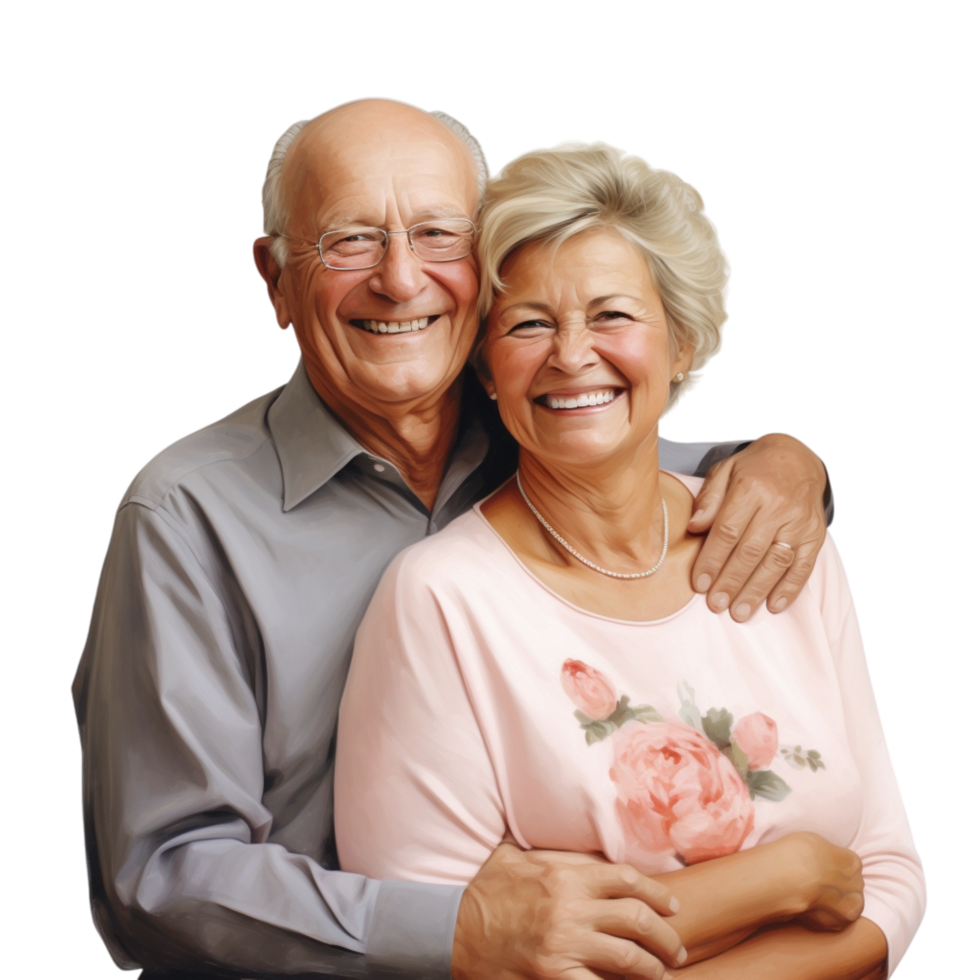 Elderly couple smiling warmly while embracing each png