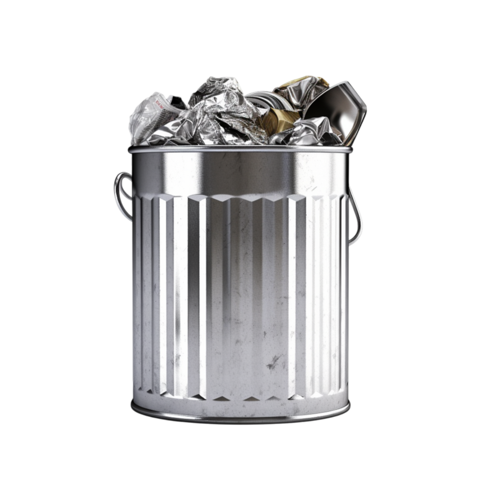 Metal trash can filled crumpled garbage waste png