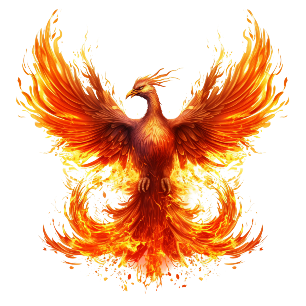 Fiery phoenix rising from the flames glowing orange wings png