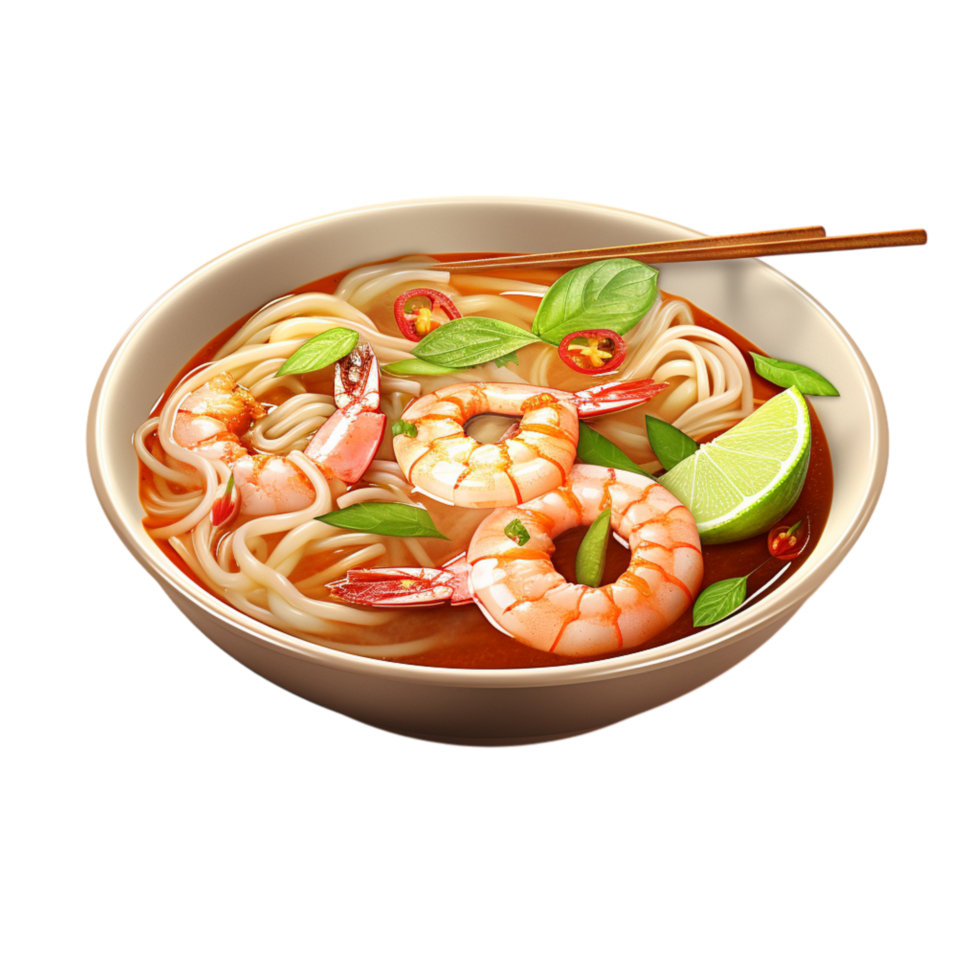 A steaming bowl of shrimp noodle soup looks flavorful png