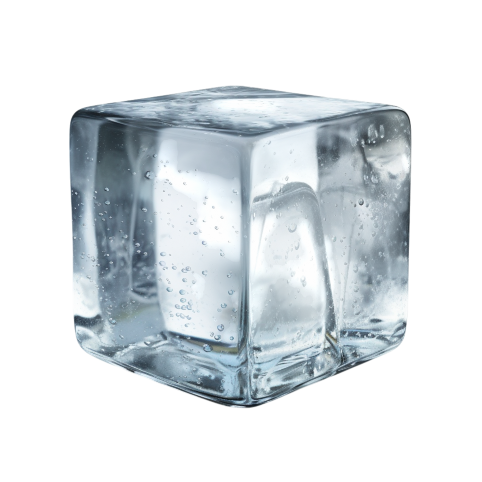 Perfectly shaped ice cube glistens tiny water droplets png