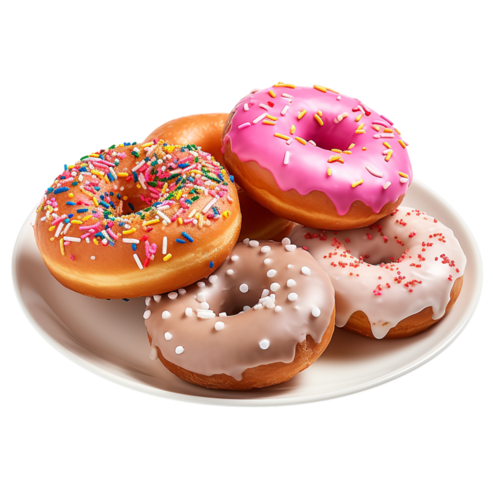 Colorful donuts sprinkles are placed on a plate png