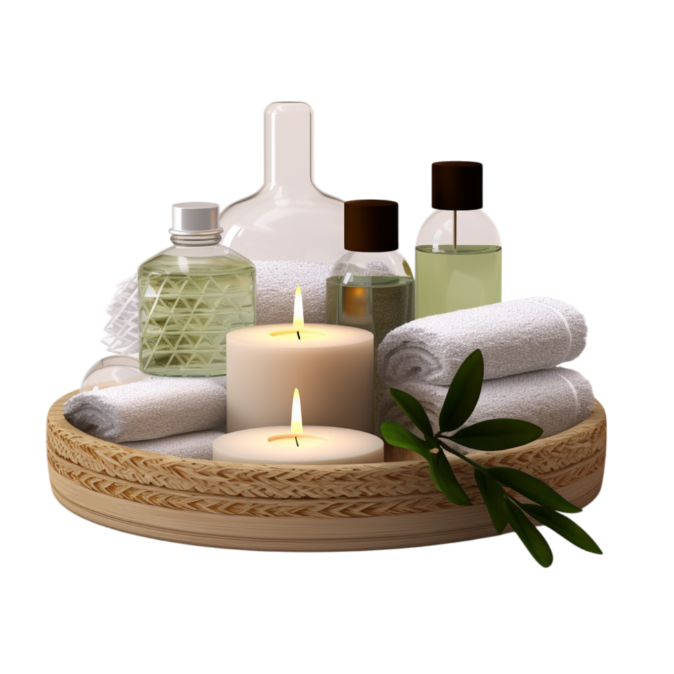 Luxurious spa set cles towels essential oils png