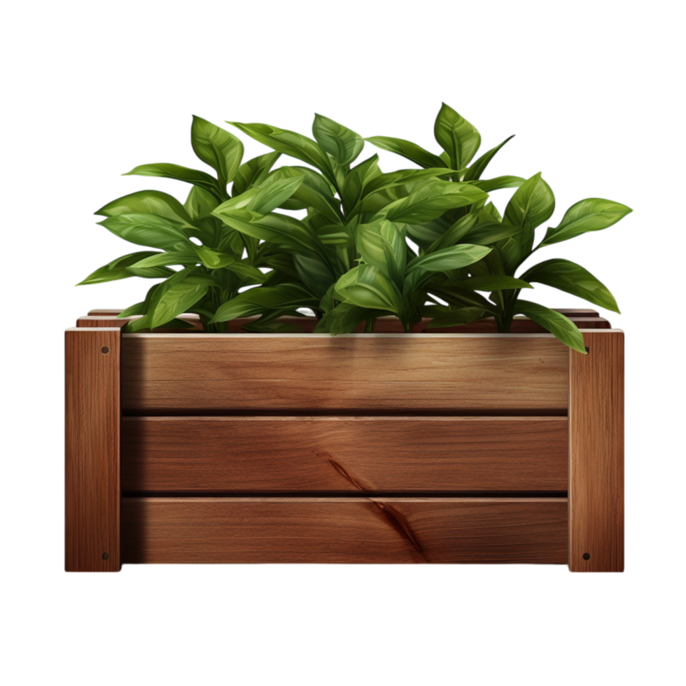 A wooden planter box filled lush green plants png