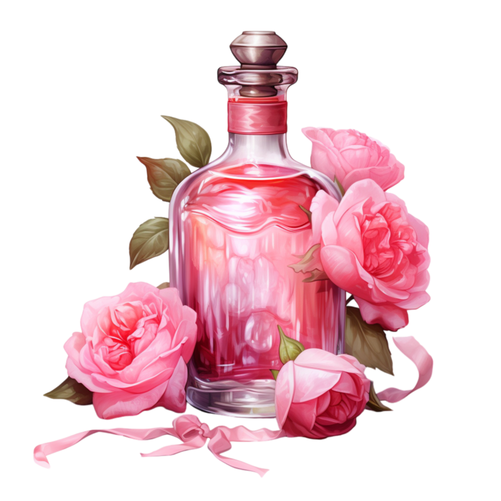 Glass bottle filled pink surrounded by roses looks enchanting mystical png