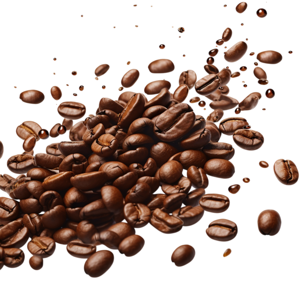 Roasted coffee beans scattered in the air look aromatic png