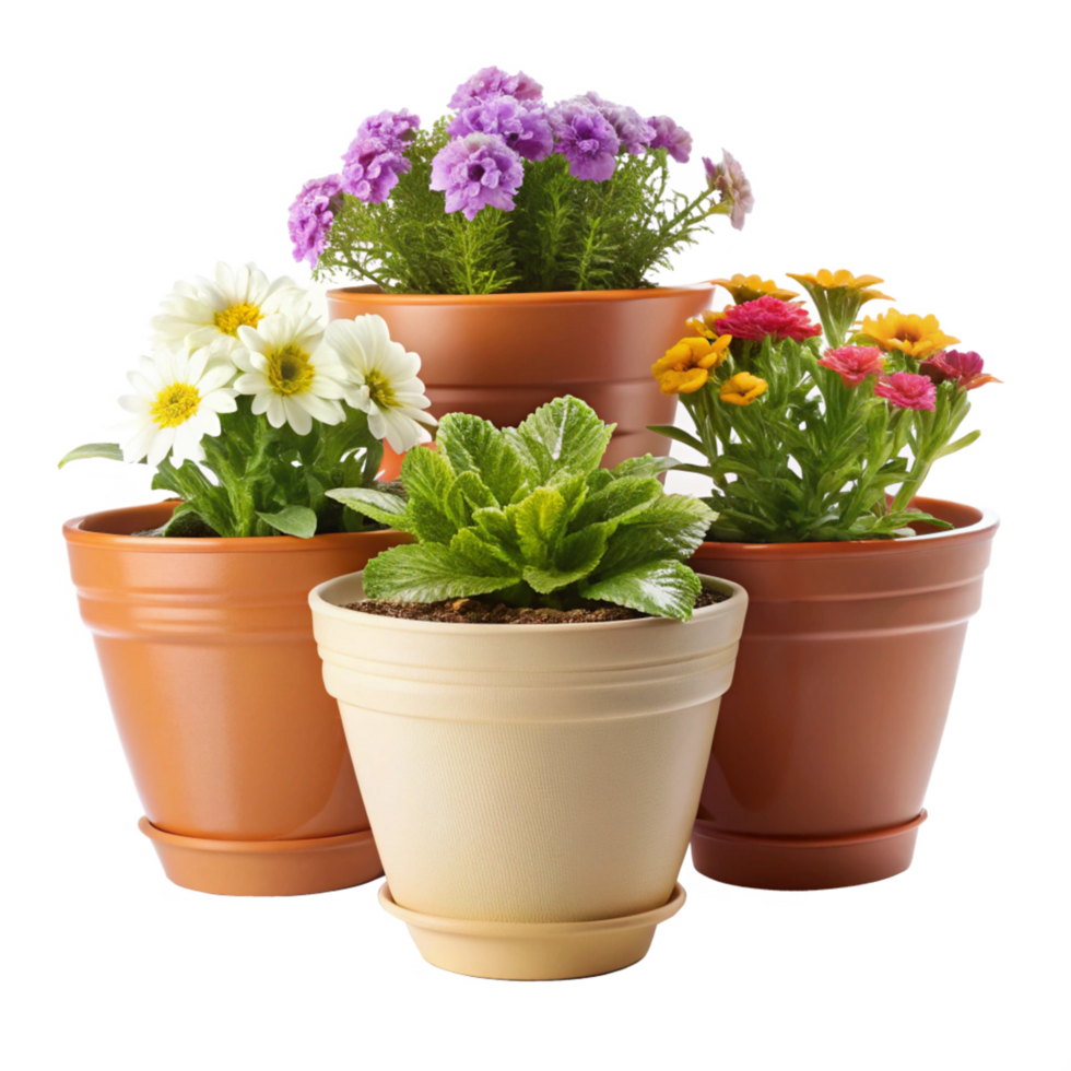 plastic beautiful colourful flower plant in the pot is isolated on transparent background png