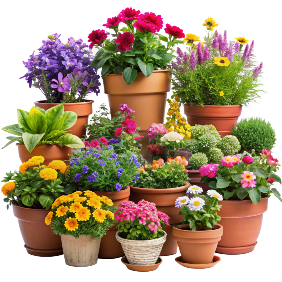 beautiful colourful flowers in the pots is isolated on transparent background png