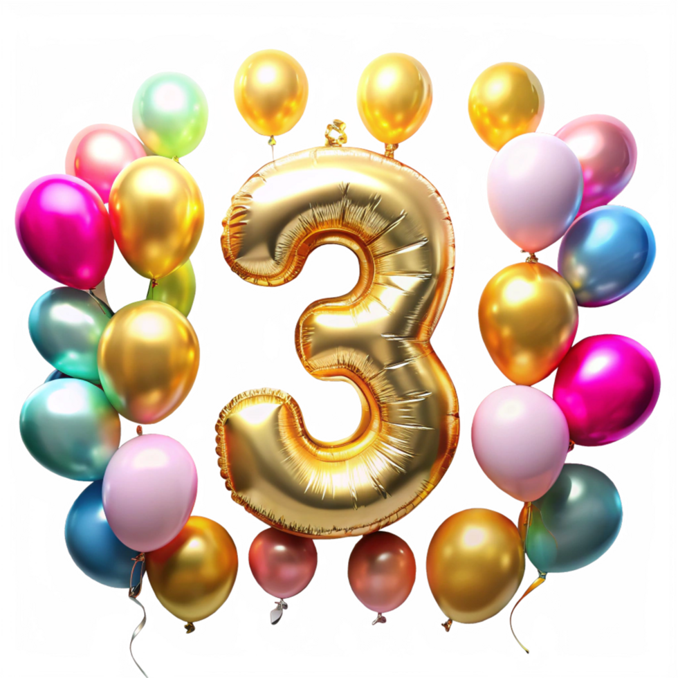 Number three with Birthday Balloons is isolated on transparent background png