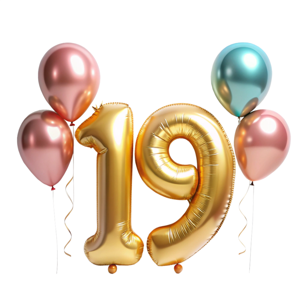Number nineteen with Birthday Balloons is isolated on transparent background png