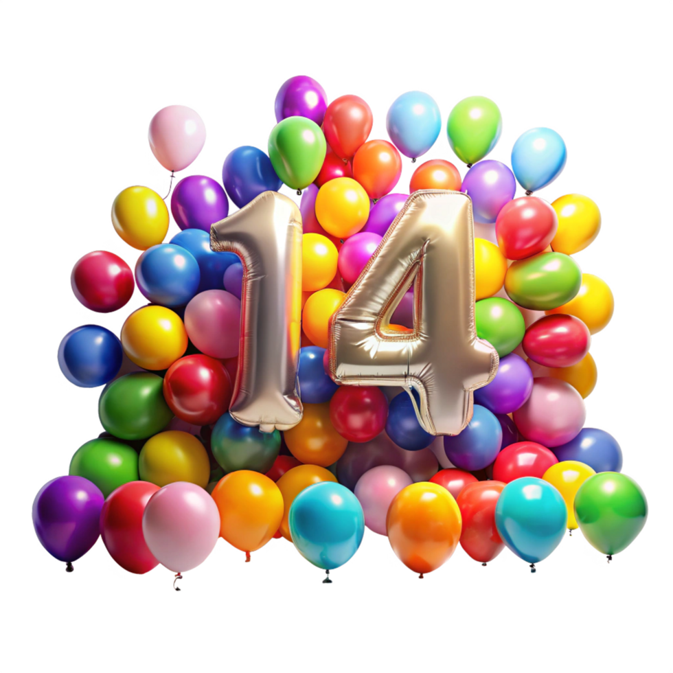 Number fourteen with Birthday Balloons is isolated on transparent background png
