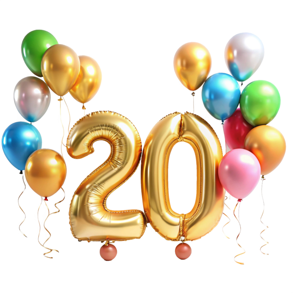 Number twenty with Birthday Balloons is isolated on transparent background png