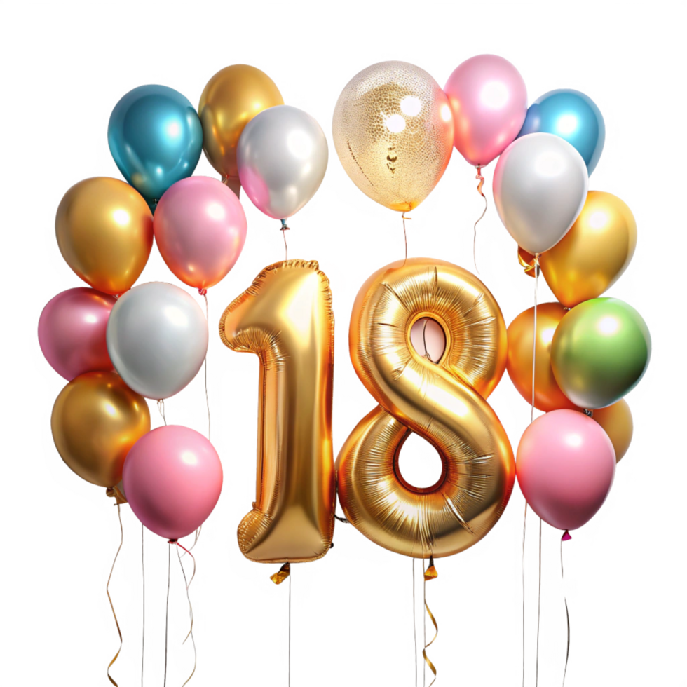 Number eighteen with Birthday Balloons is isolated on transparent background png