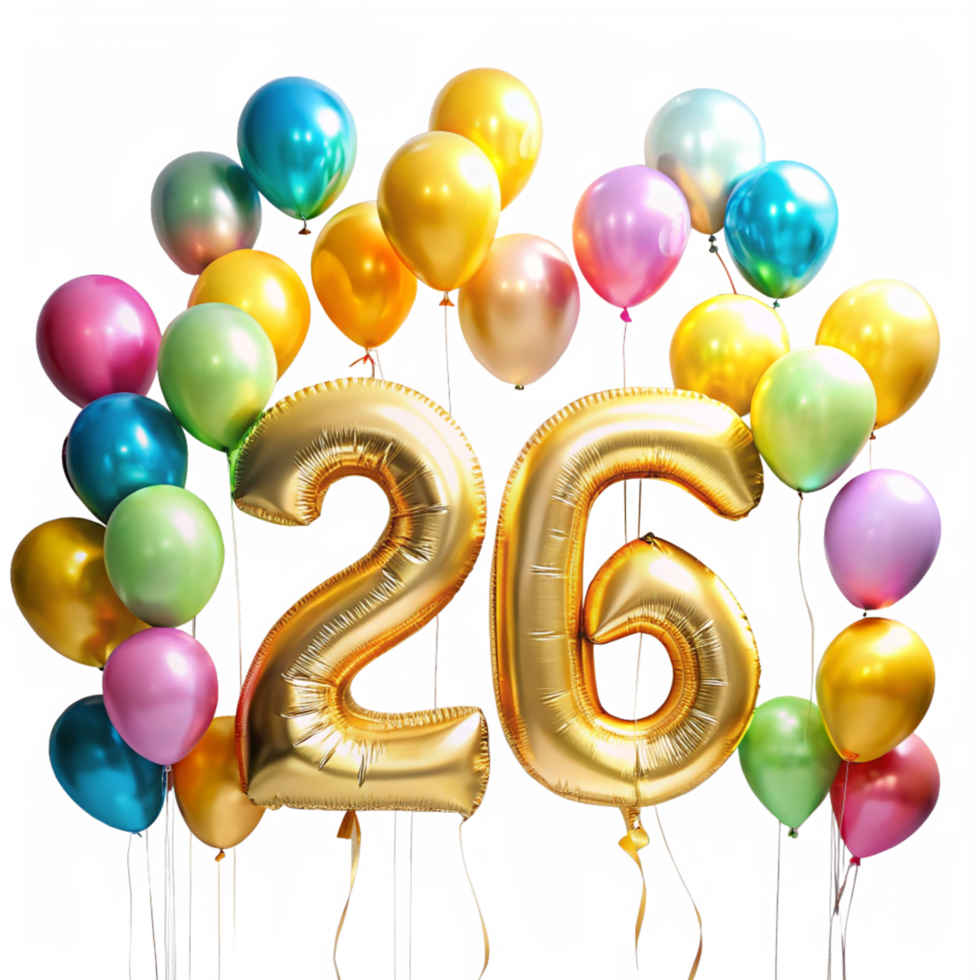 Number twenty six with Birthday Balloons is isolated on transparent background png