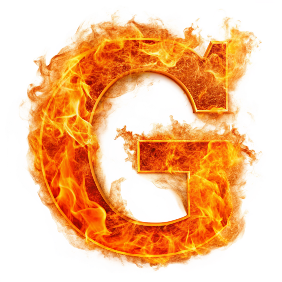 capital letter G written in the fire is isolated on transparent background png