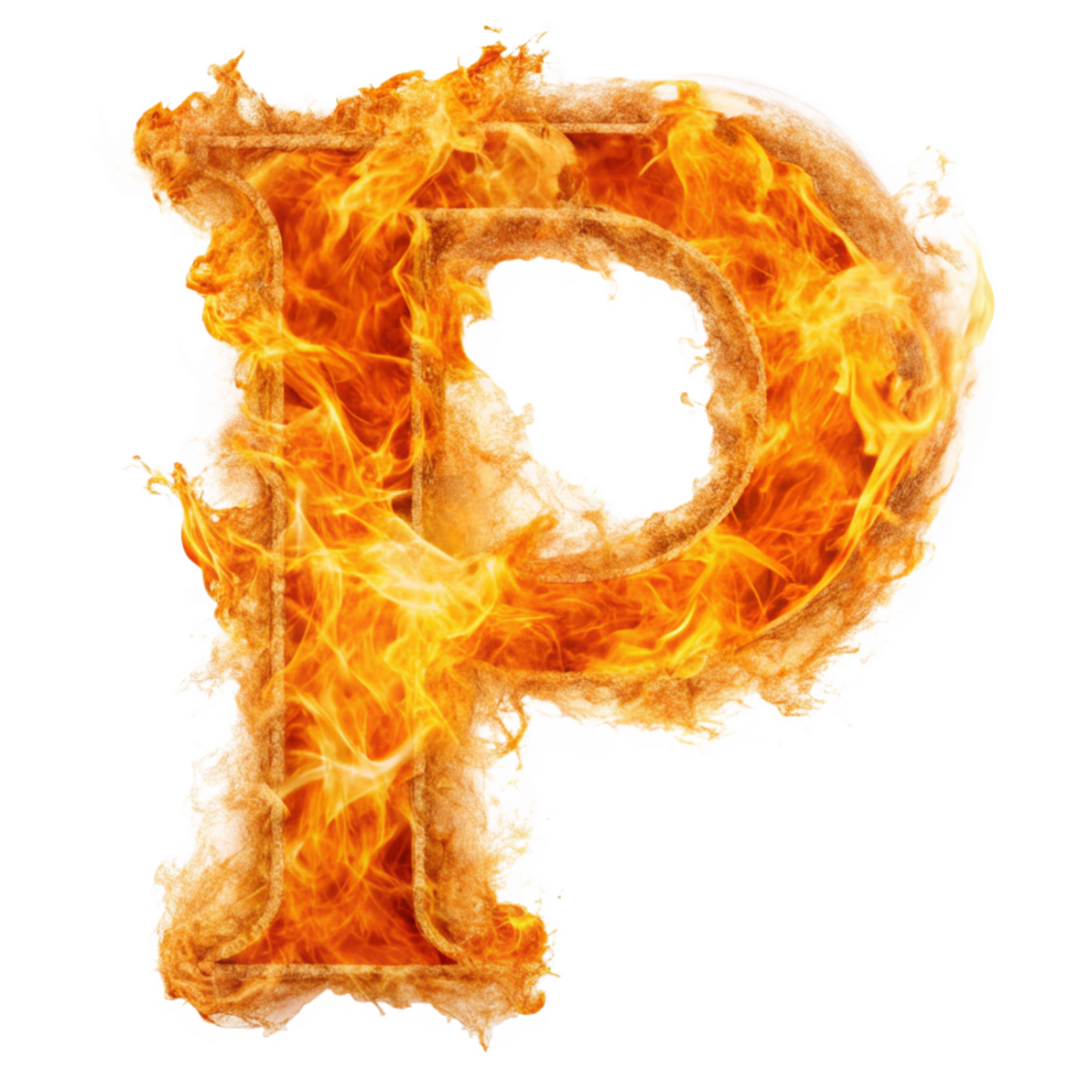 capital letter P written in the fire is isolated on transparent background png