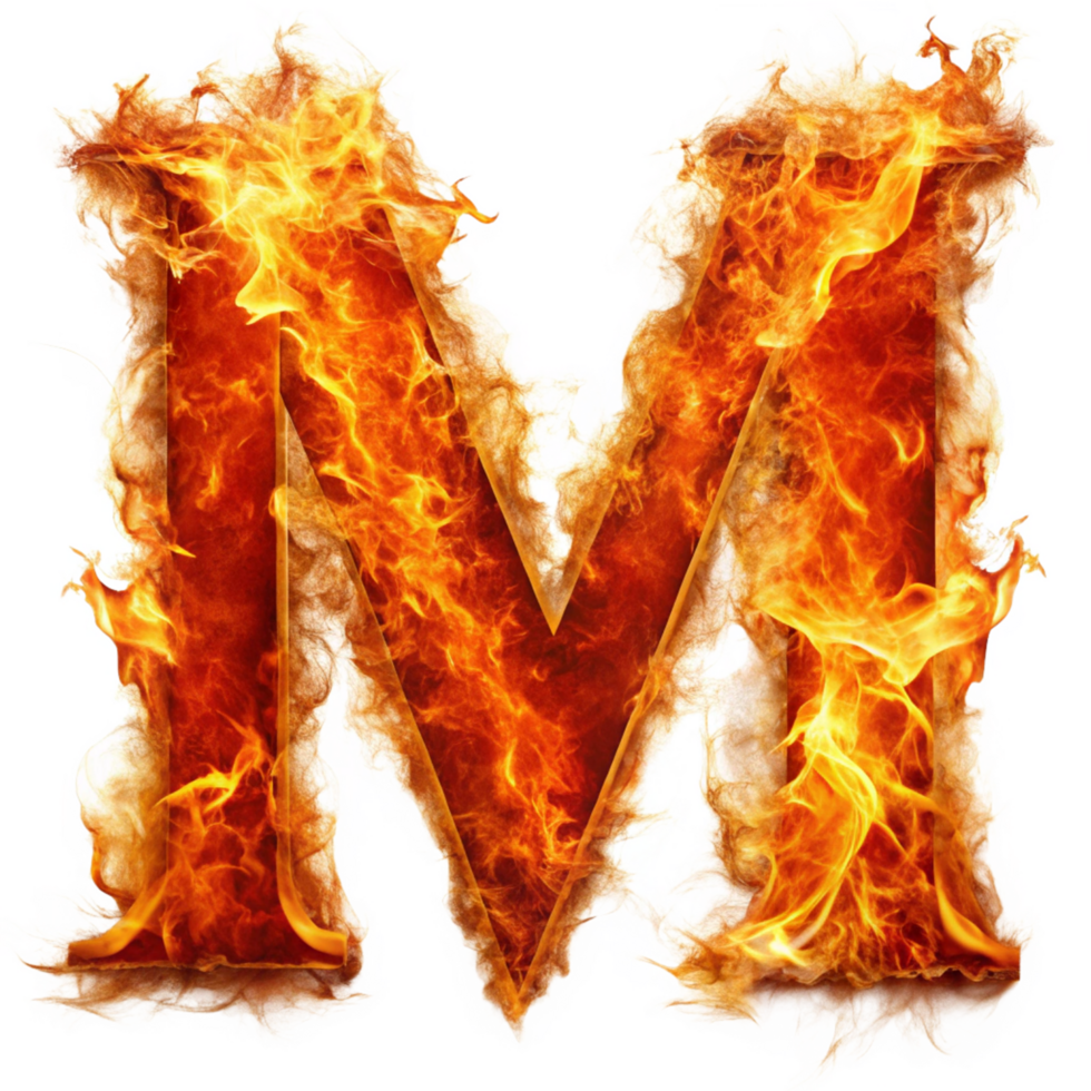 capital letter M written in the fire is isolated on transparent background png