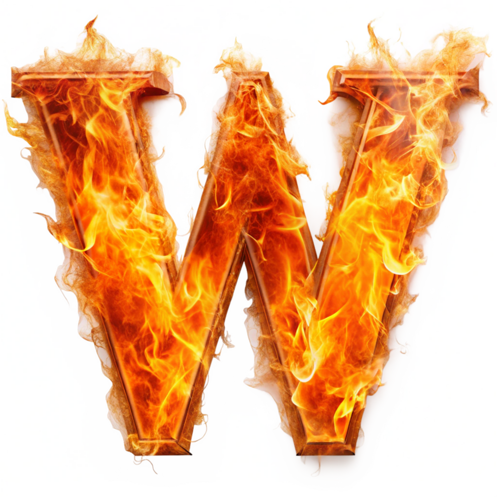 capital letter W written in the fire is isolated on transparent background png