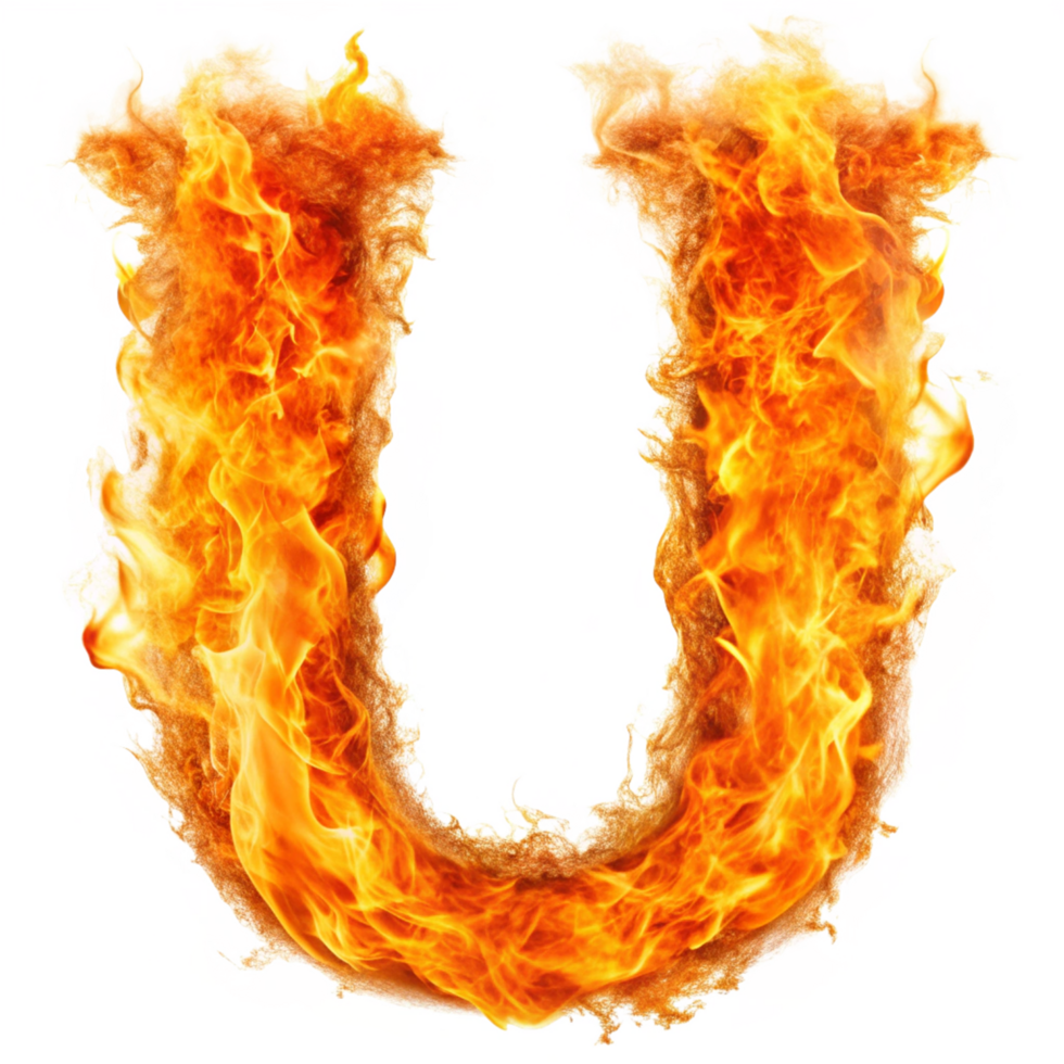 capital letter U written in the fire is isolated on transparent background png