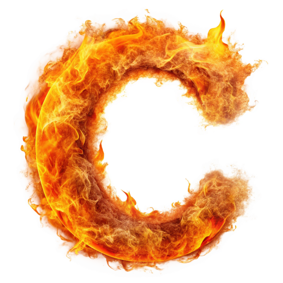 capital letter C written in the fire is isolated on transparent background png