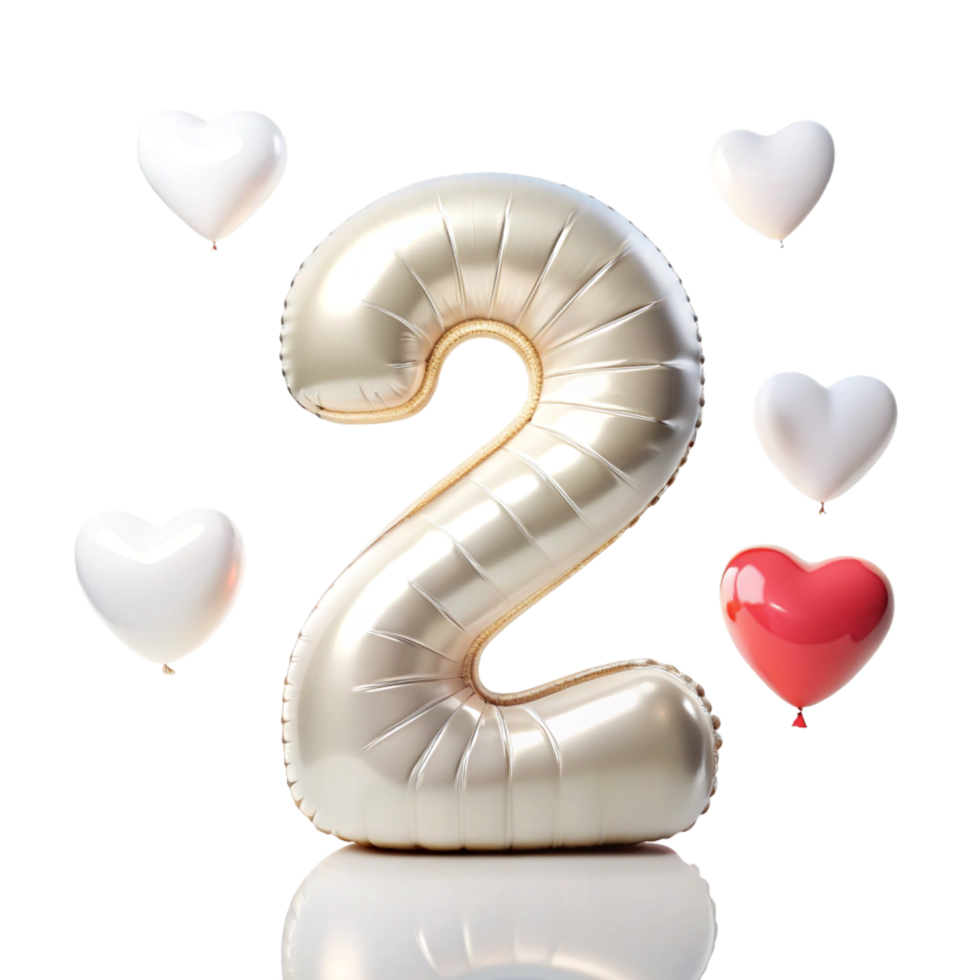 number two in the shape of Balloon and hearts in the balloon is isolated on transparent background png