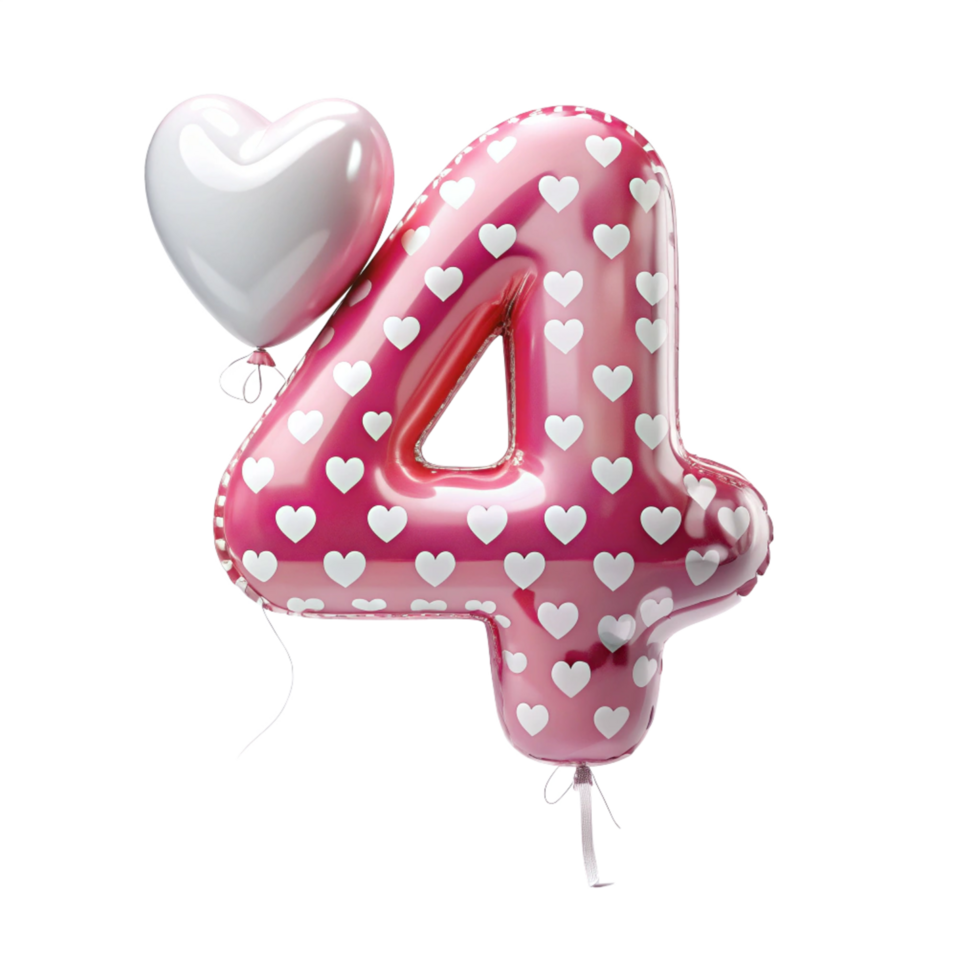 number four in the shape of Balloon and hearts in the balloon is isolated on transparent background png