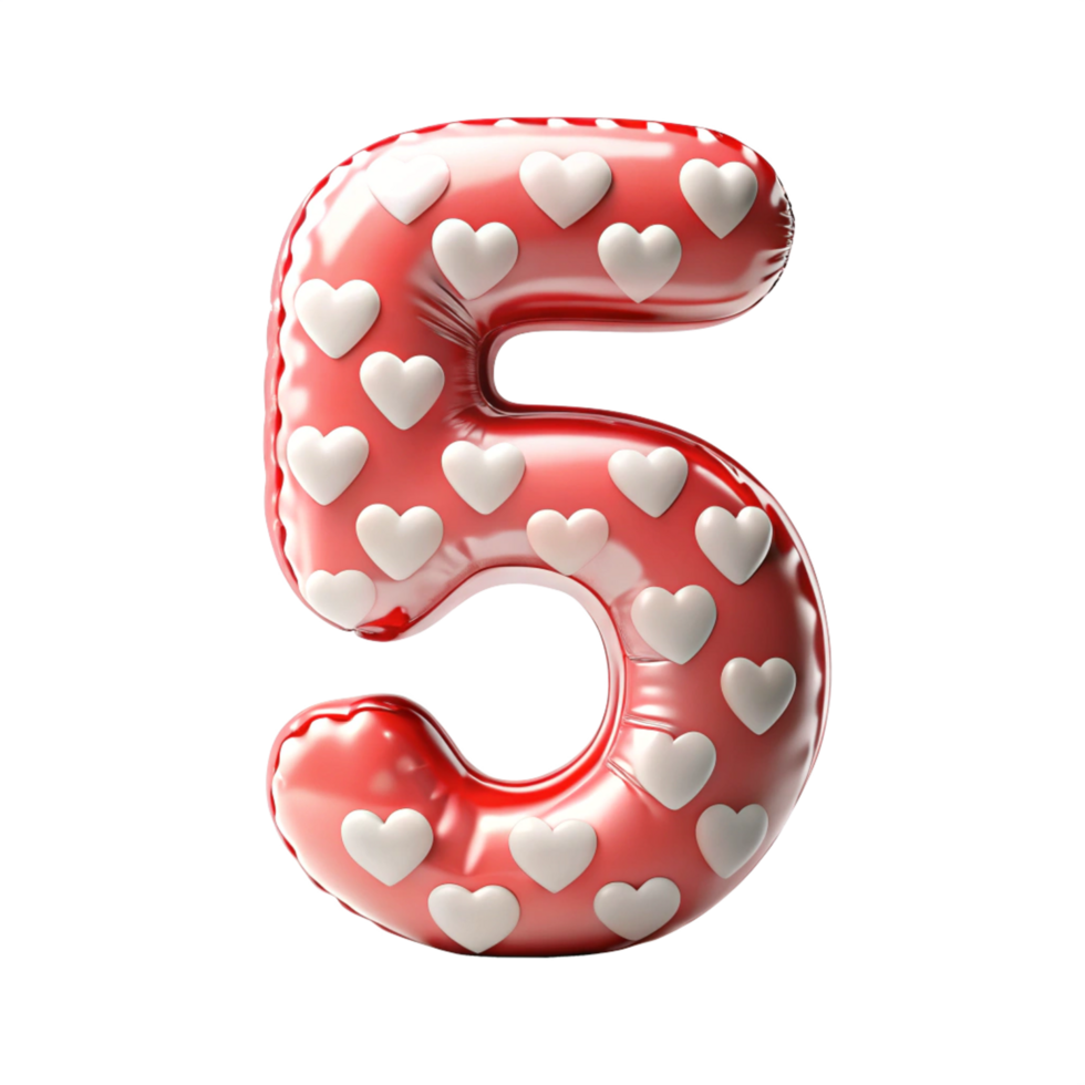 number five in the shape of Balloon and hearts in the balloon is isolated on transparent background png