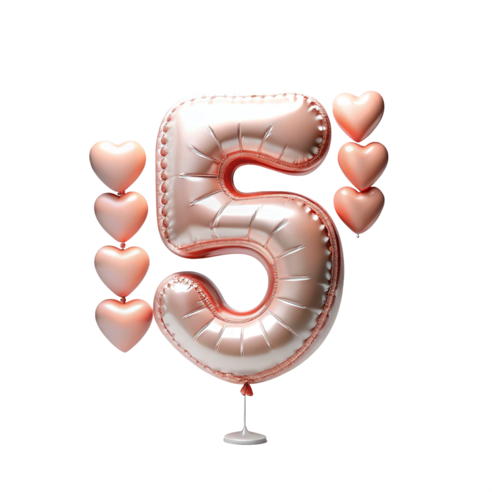 number five in the shape of Balloon and white hearts in the balloon is isolated on transparent background png