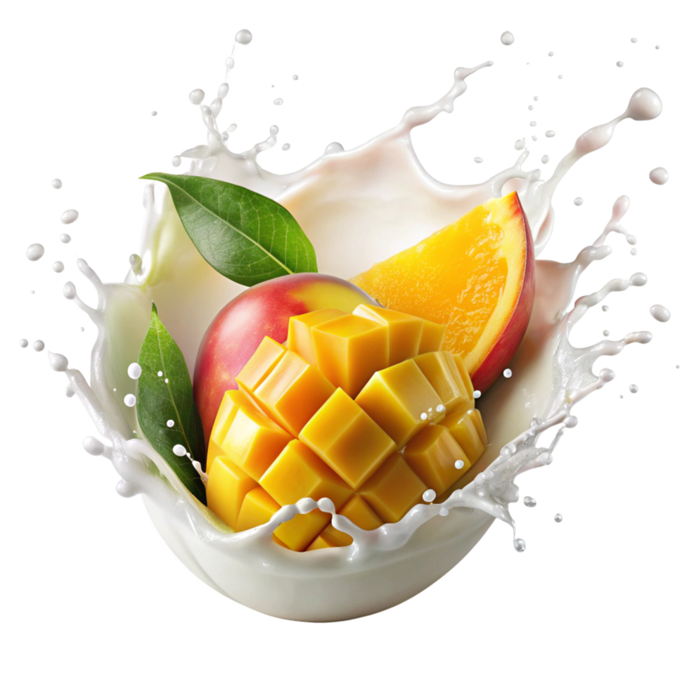 fresh mango with milk splash is isolated on transparent background png