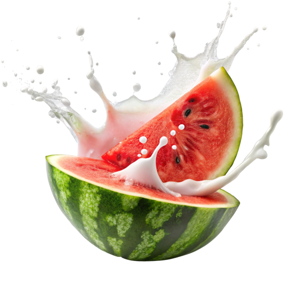 fresh watermelon with milk splash is isolated on transparent background png