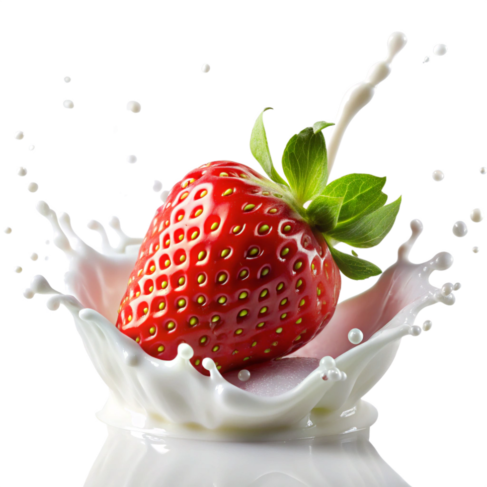 fresh strawberry with milk splash is isolated on transparent background png