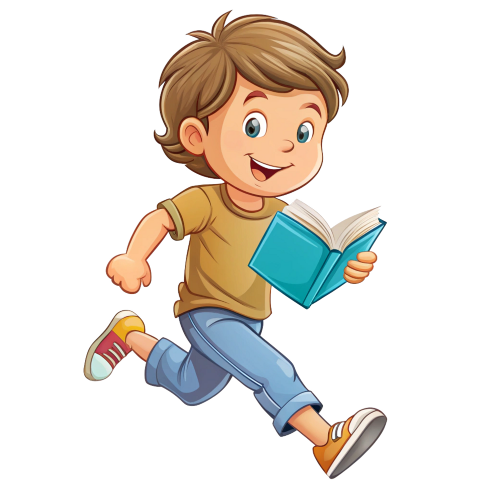 A little boy reading book while running is isolated on transparent background png