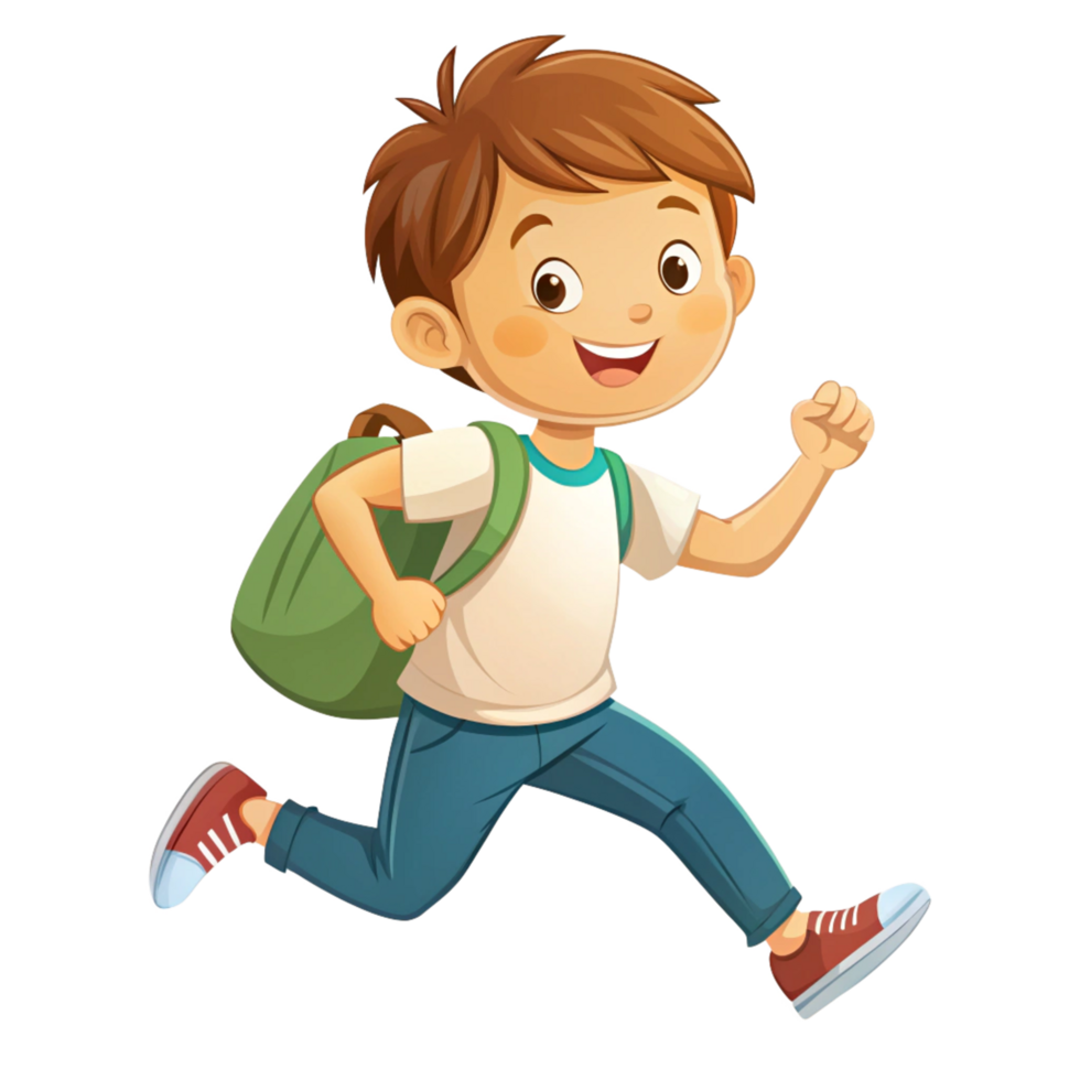 A cute little boy running with bag is isolated on transparent background png