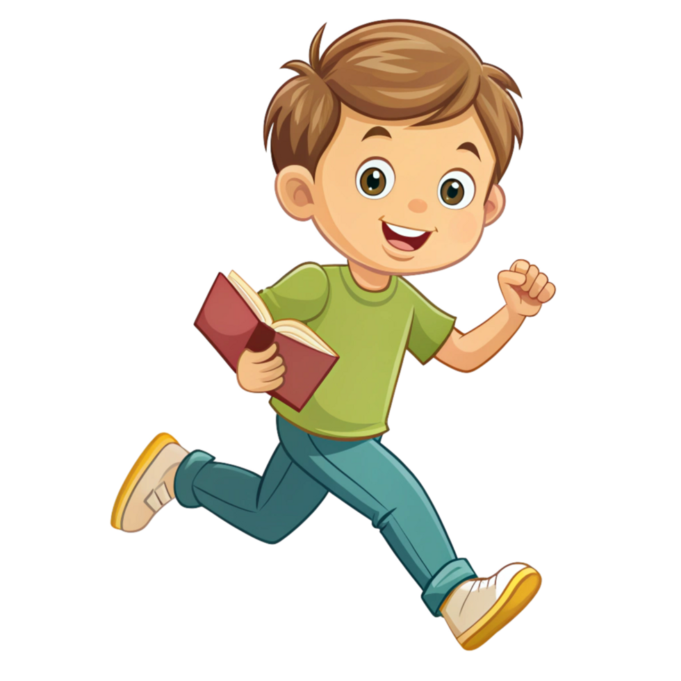 A little boy running with book is isolated on transparent background png