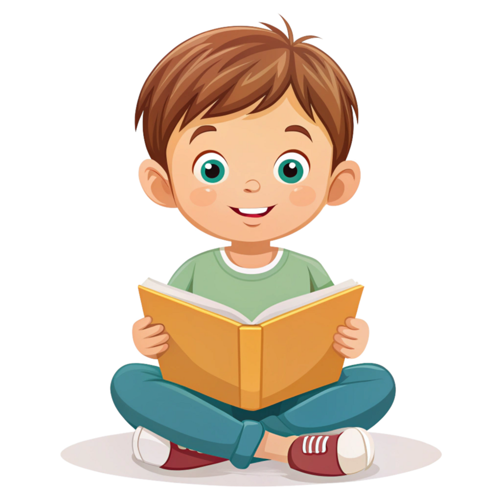 A little boy setting and reading book is isolated on transparent background png