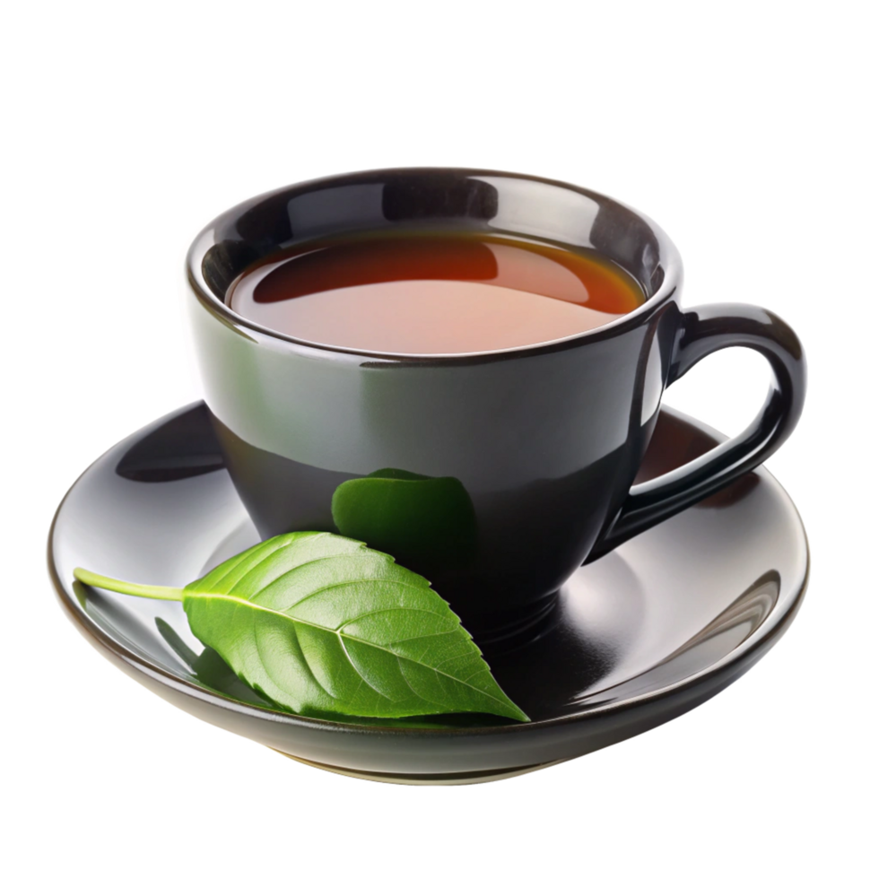 a black cup of tea with leaf on the saucer is isolated on transparent background png