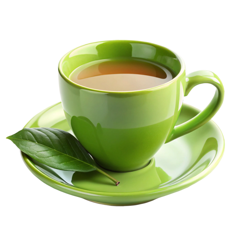 a green cup of tea with leaf on the saucer is isolated on transparent background png