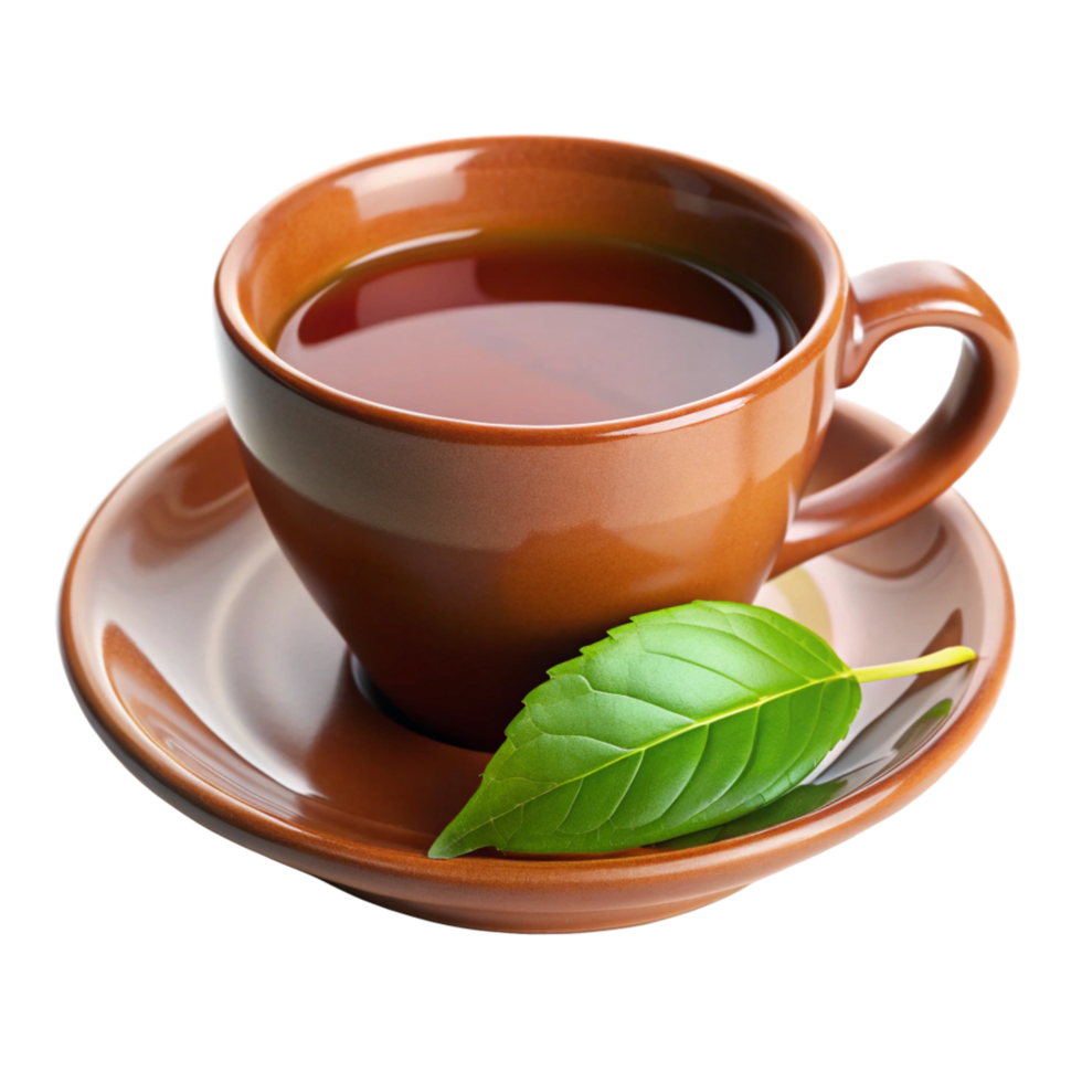 a brown cup of tea with leaf on the saucer is isolated on transparent background png