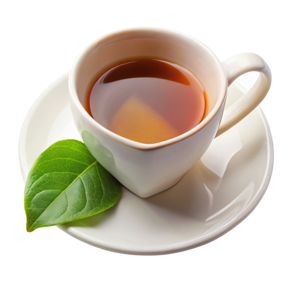 heart shape cup of tea with leaf on the saucer is isolated on transparent background png