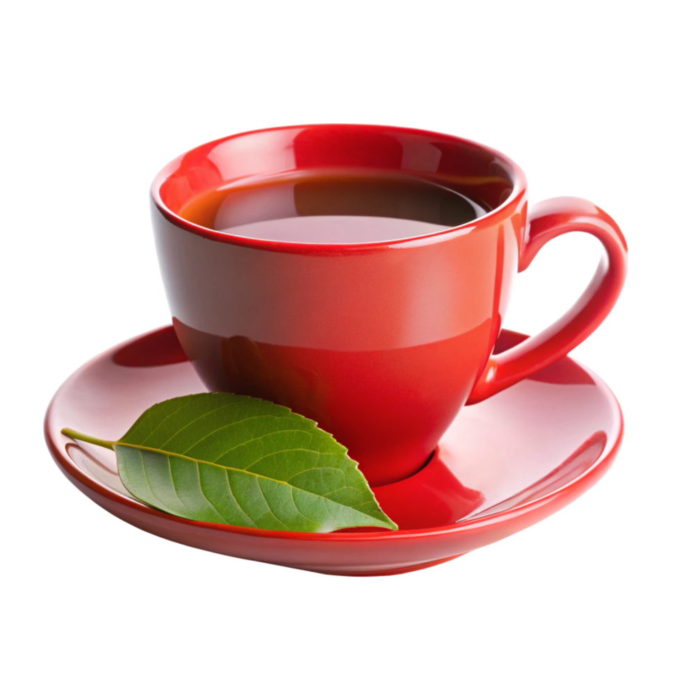 a red cup of tea with leaf on the saucer is isolated on transparent background png