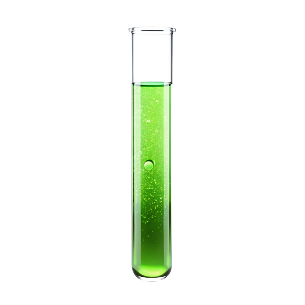 A Sealed Glass Test Tube Filled With Light green Liquid And Air is isolated on transparent background png