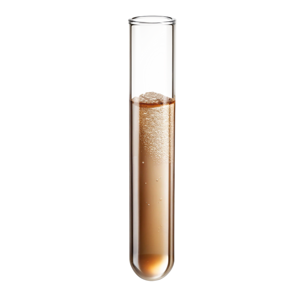 A Sealed Glass Test Tube Filled With Light brown Liquid And Air is isolated on transparent background png