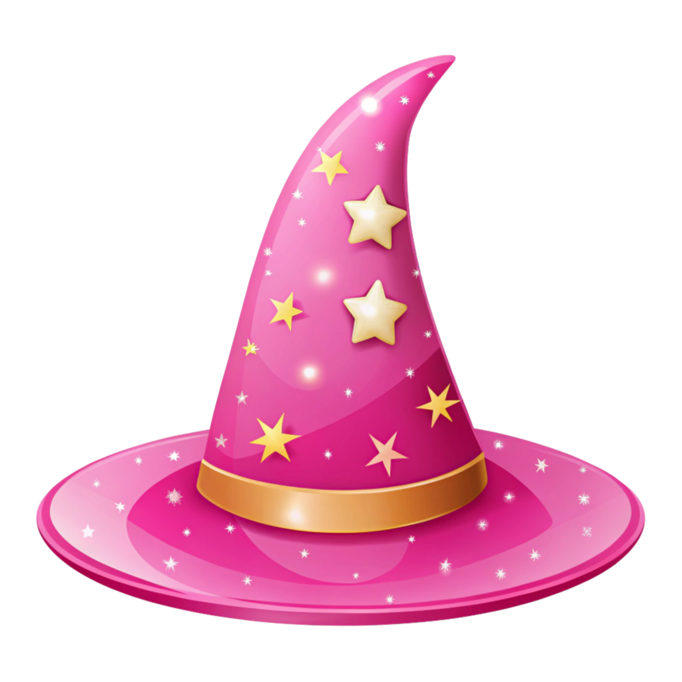 starry pink wizard hat with moons in cartoon style is isolated on transparent background png