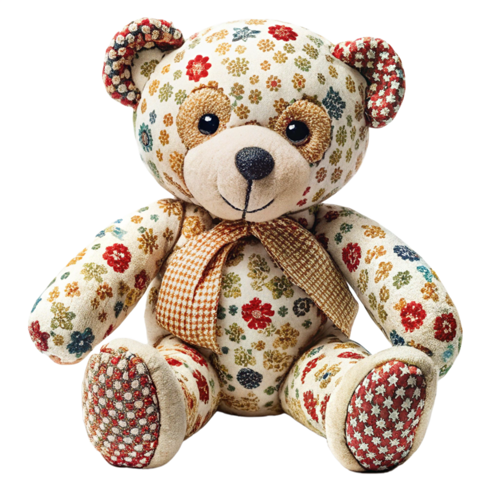 colourful printed teddy bear is isolated on transparent background png
