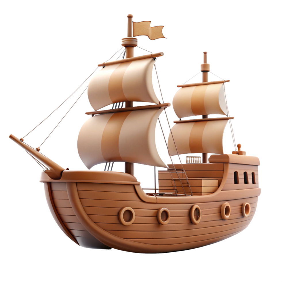 3d cartoon style brown ship is isolated on transparent background png