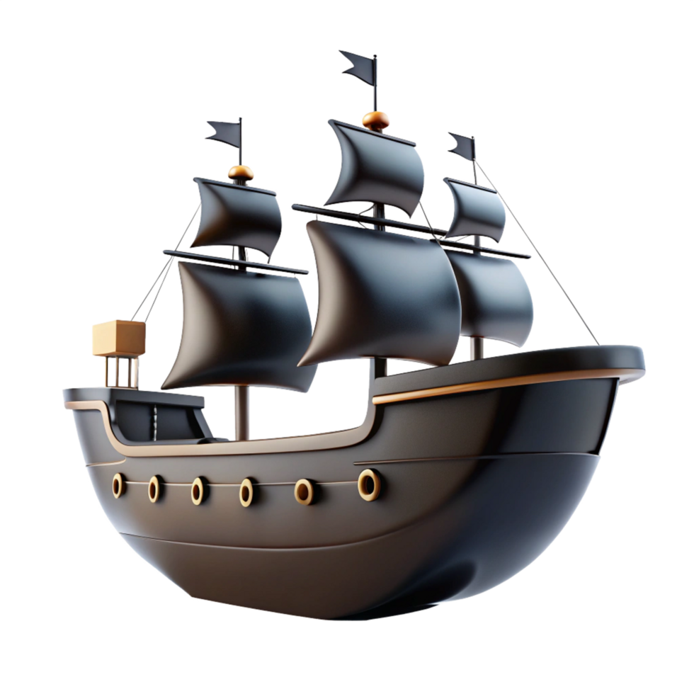 3d cartoon style black ship is isolated on transparent background png