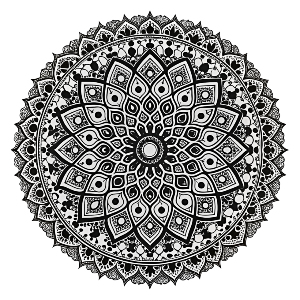 Circular pattern in the form of a black mandala is isolated on transparent background png