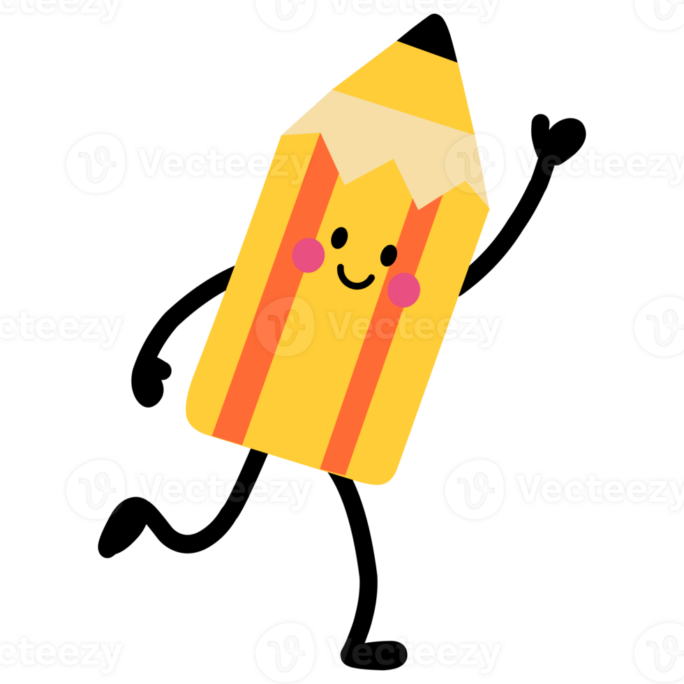 Cute pencil character walking with happy expression, ideal for school and education projects. png